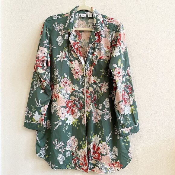 Cupcakes & Cashmere Women's Green Floral Button Down Pajama Night Shirt Sz L - Picture 6 of 12